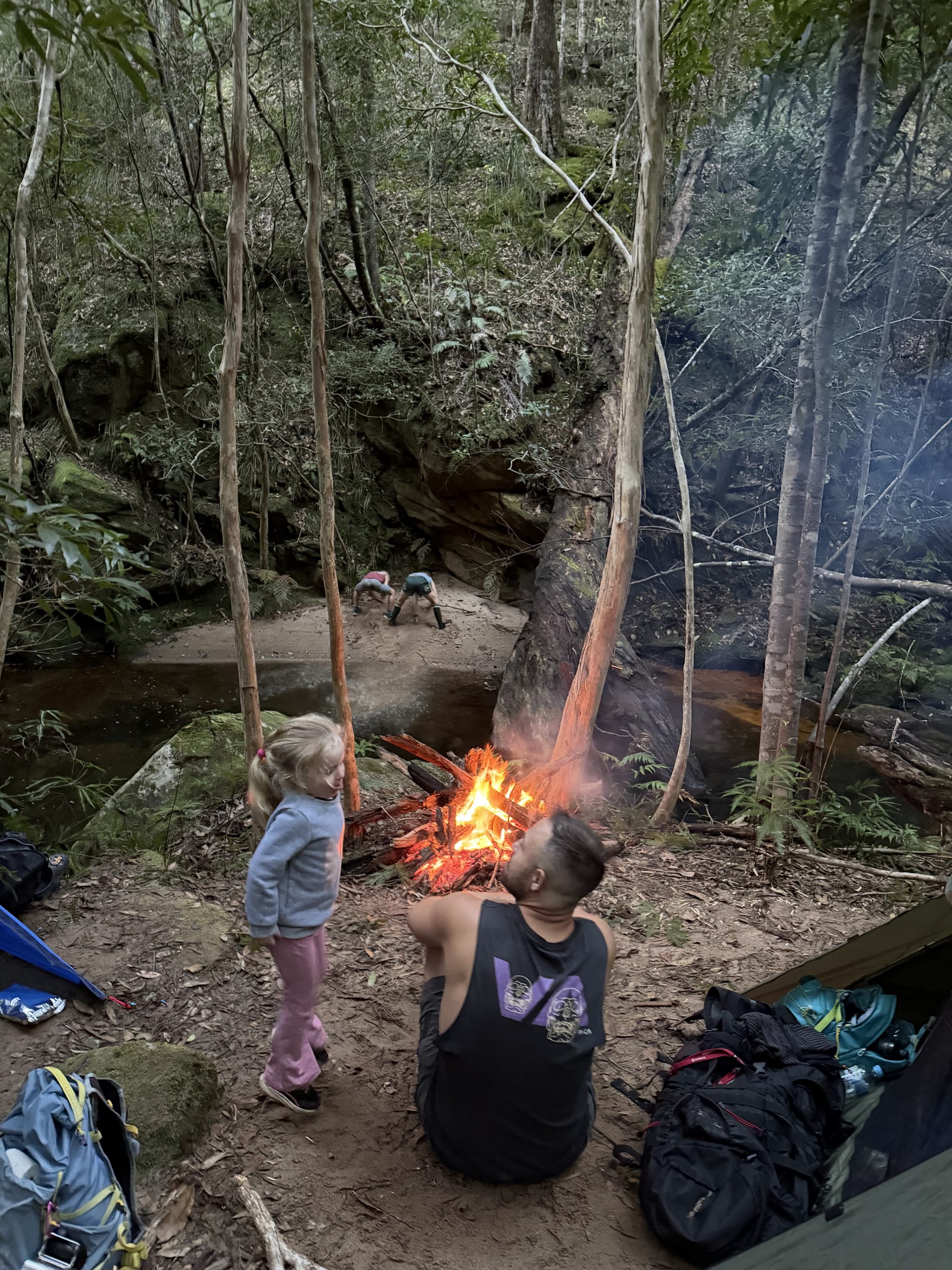 The campfire at the overnight camp with the kids