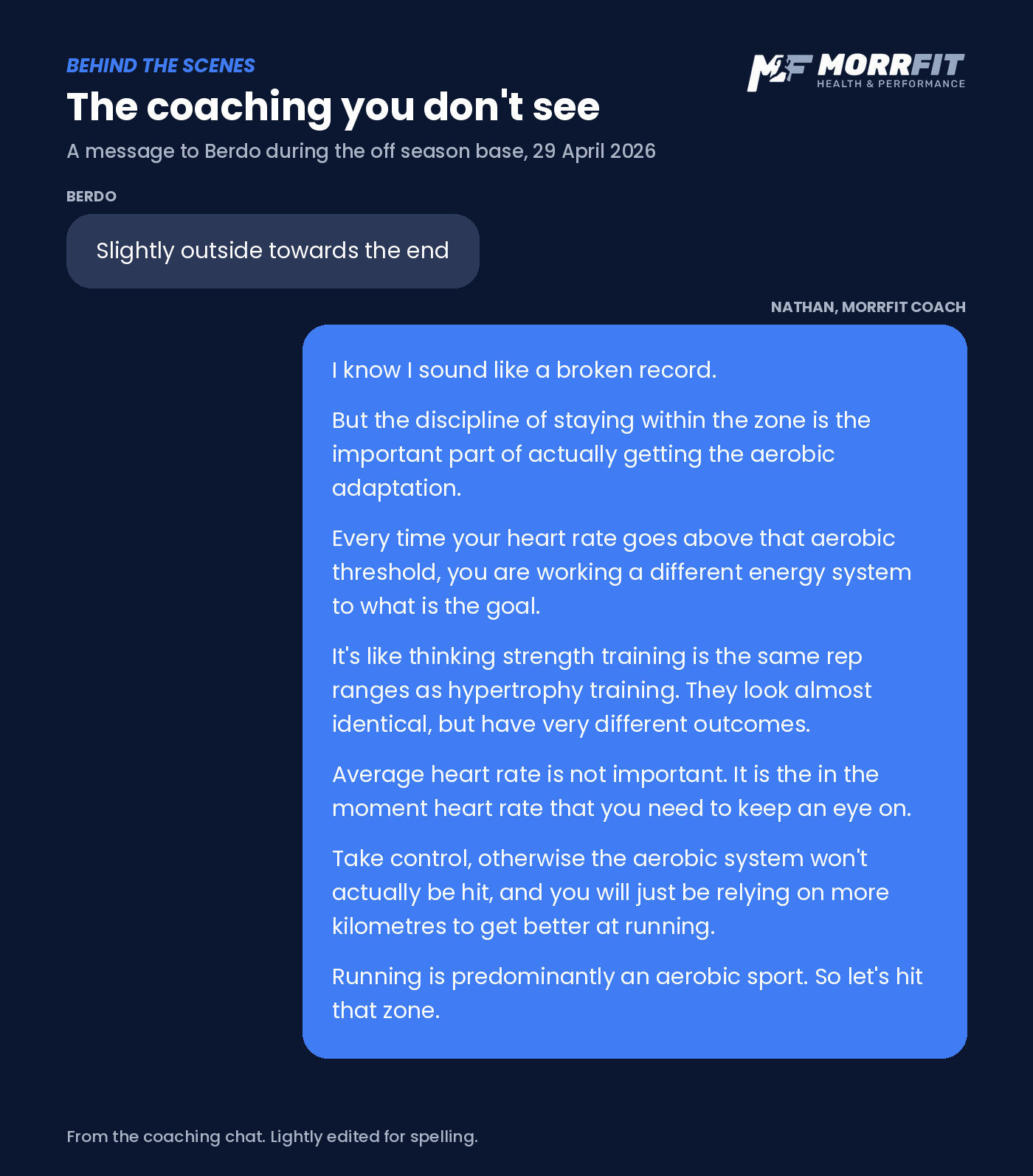 Coaching message from Nathan to Berdo explaining why staying under his aerobic heart rate ceiling matters, sent on 29 April 2026